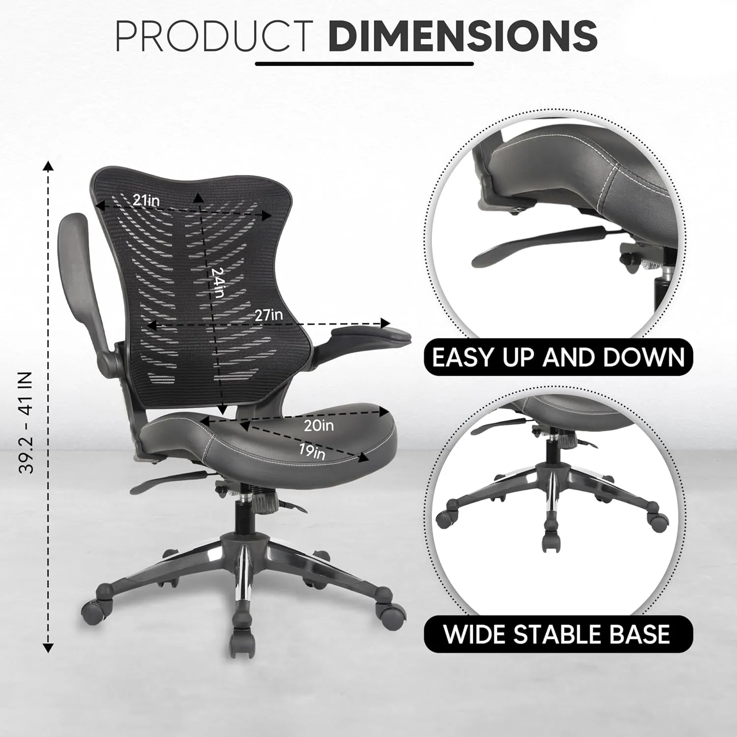 OfficeFactor Executive Ergonomic Computer Office Chair Back Mesh Bonded Leather Seat Flip-up Arms Lumbar Support Molded Foam Seat Adjustable Height Home Office Desk Chair (Black)