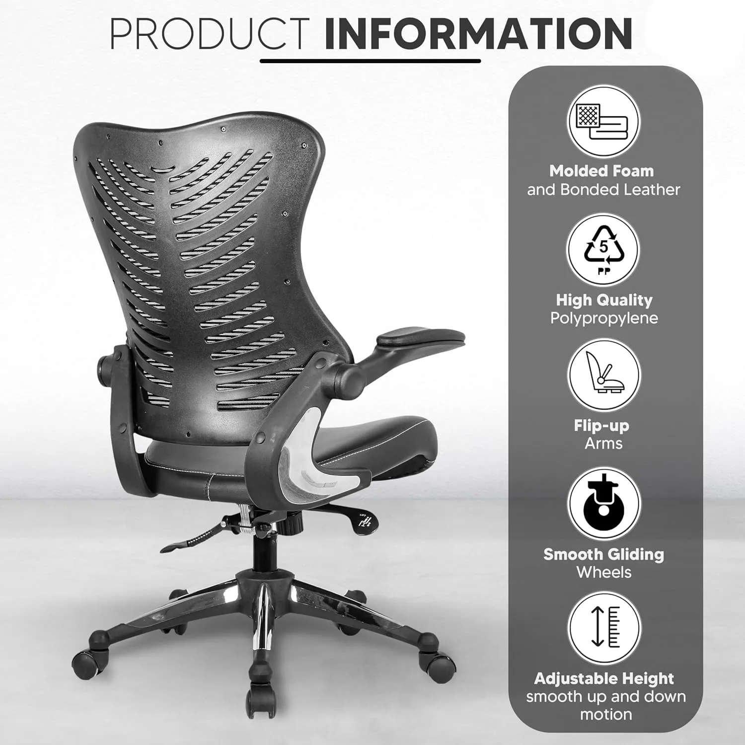 OfficeFactor Executive Ergonomic Computer Office Chair Back Mesh Bonded Leather Seat Flip-up Arms Lumbar Support Molded Foam Seat Adjustable Height Home Office Desk Chair (Black)