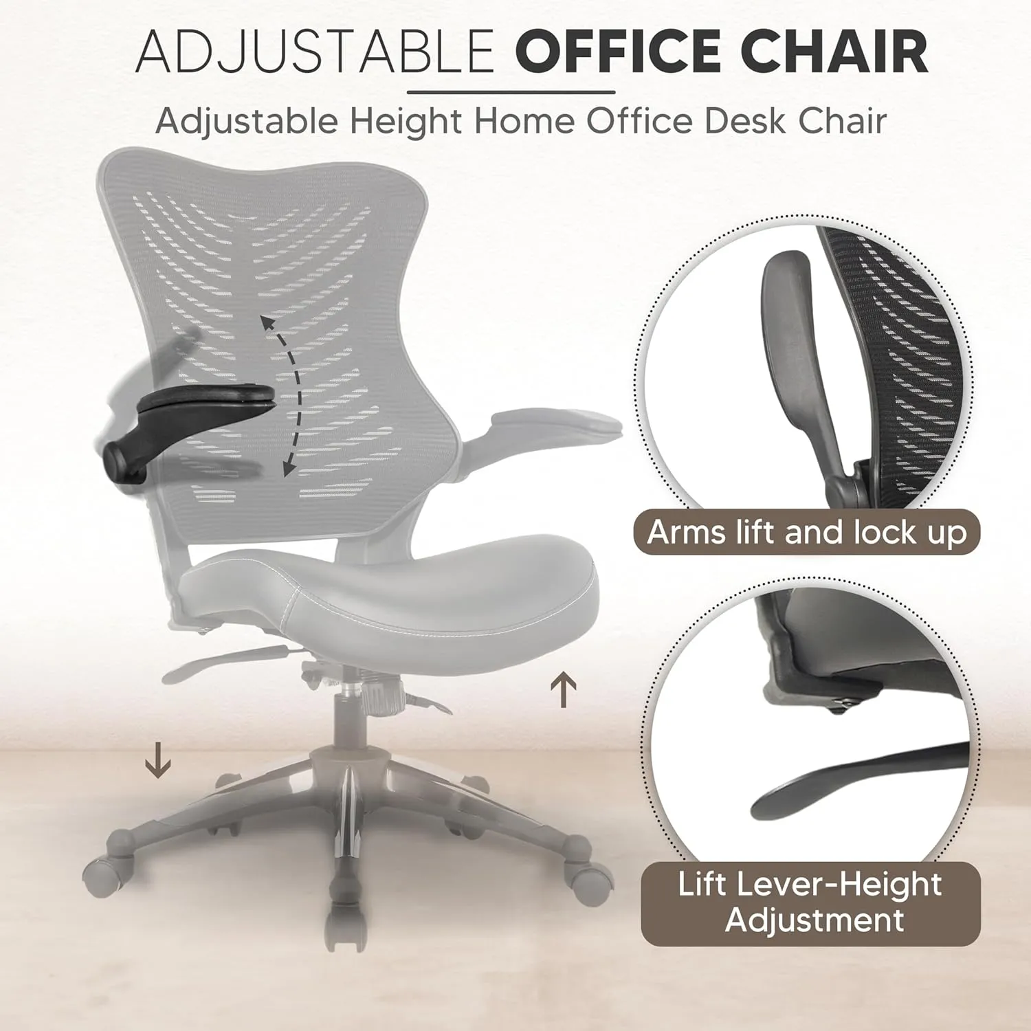 OfficeFactor Executive Ergonomic Computer Office Chair Back Mesh Bonded Leather Seat Flip-up Arms Lumbar Support Molded Foam Seat Adjustable Height Home Office Desk Chair (Black)