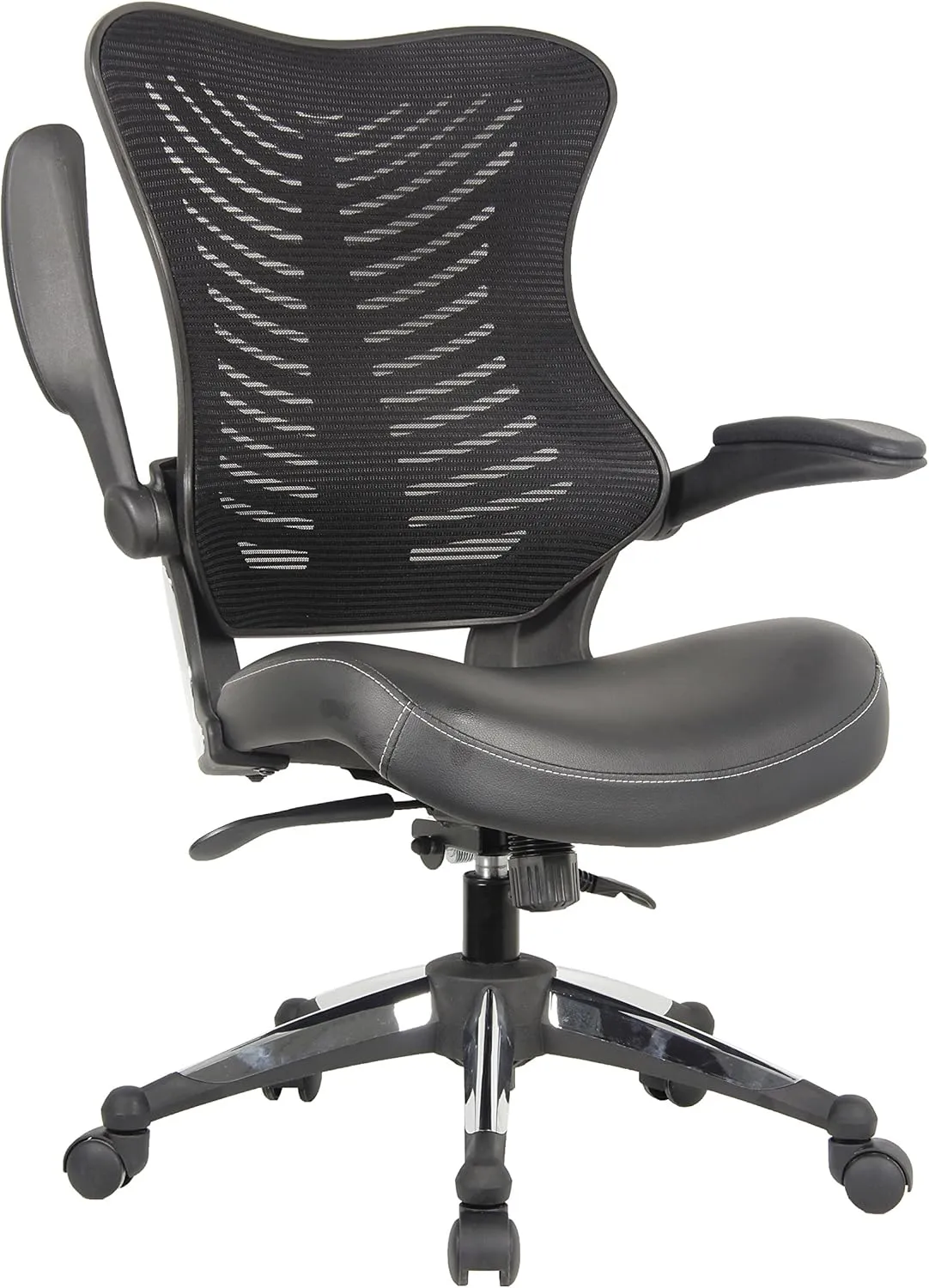 OfficeFactor Executive Ergonomic Computer Office Chair Back Mesh Bonded Leather Seat Flip-up Arms Lumbar Support Molded Foam Seat Adjustable Height Home Office Desk Chair (Black)