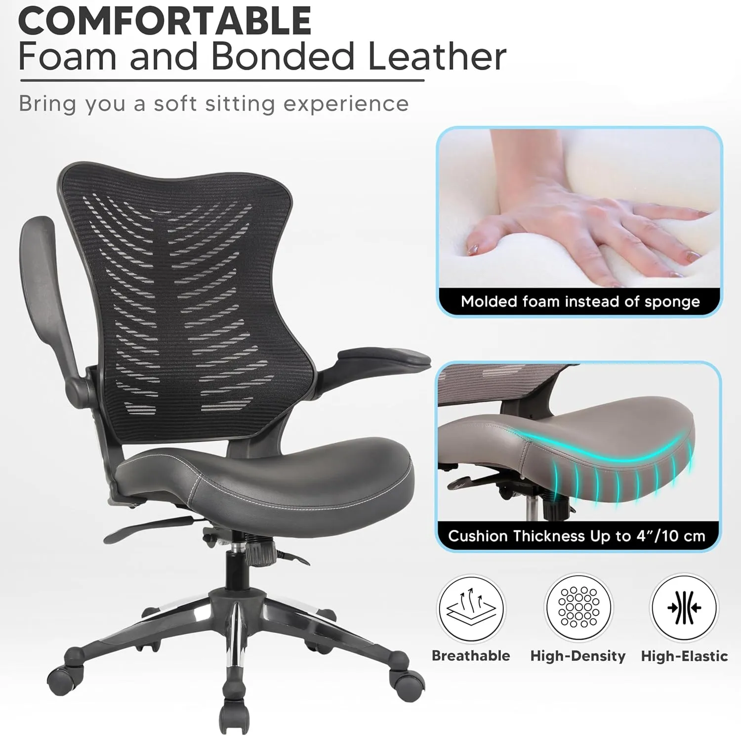 OfficeFactor Executive Ergonomic Computer Office Chair Back Mesh Bonded Leather Seat Flip-up Arms Lumbar Support Molded Foam Seat Adjustable Height Home Office Desk Chair (Black)