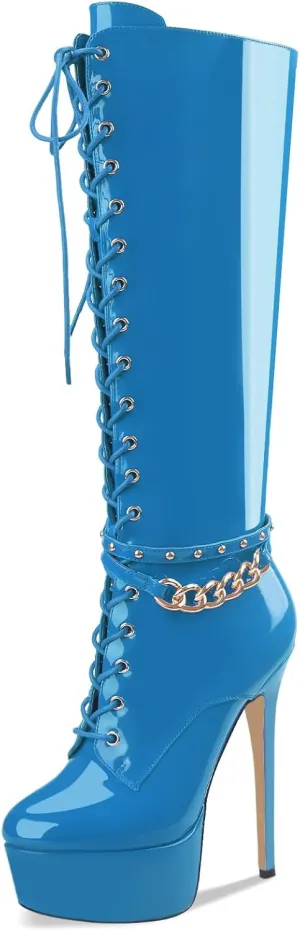 Oh Mispares Platform Knee High Boots Stiletto High Heels Round Closed Toe Lace up Patent Leather Tall Boots for Women 6 inch Studs Long Boots with Gold Chain