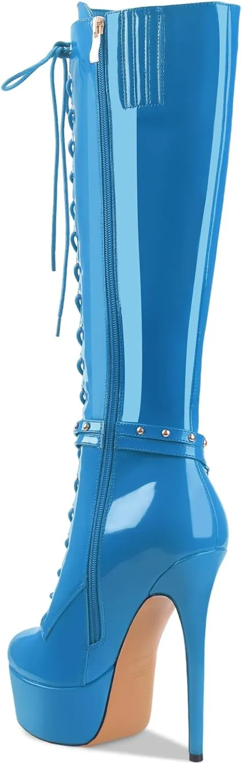 Oh Mispares Platform Knee High Boots Stiletto High Heels Round Closed Toe Lace up Patent Leather Tall Boots for Women 6 inch Studs Long Boots with Gold Chain
