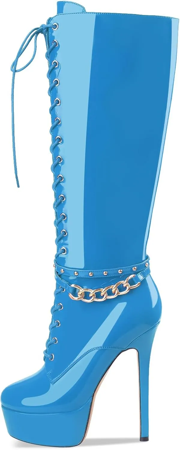 Oh Mispares Platform Knee High Boots Stiletto High Heels Round Closed Toe Lace up Patent Leather Tall Boots for Women 6 inch Studs Long Boots with Gold Chain