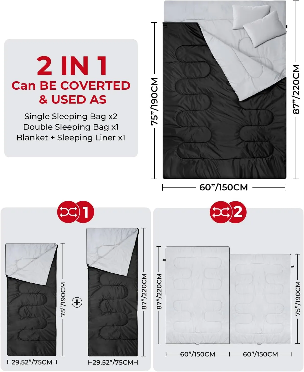 Ohuhu Double Sleeping Bag for Adults with 2 Pillows, Queen Size Two Person Sleeping Bag for Camping Hiking Backpacking 2 Person Sleeping Bags for Cold Weather & Warm