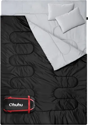 Ohuhu Double Sleeping Bag for Adults with 2 Pillows, Queen Size Two Person Sleeping Bag for Camping Hiking Backpacking 2 Person Sleeping Bags for Cold Weather & Warm