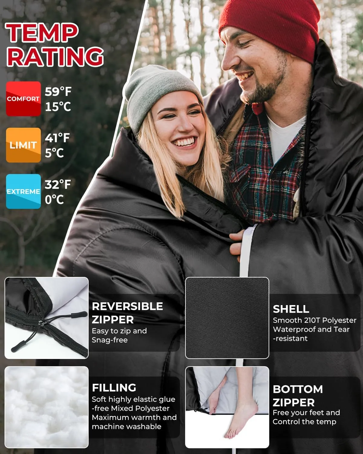 Ohuhu Double Sleeping Bag for Adults with 2 Pillows, Queen Size Two Person Sleeping Bag for Camping Hiking Backpacking 2 Person Sleeping Bags for Cold Weather & Warm