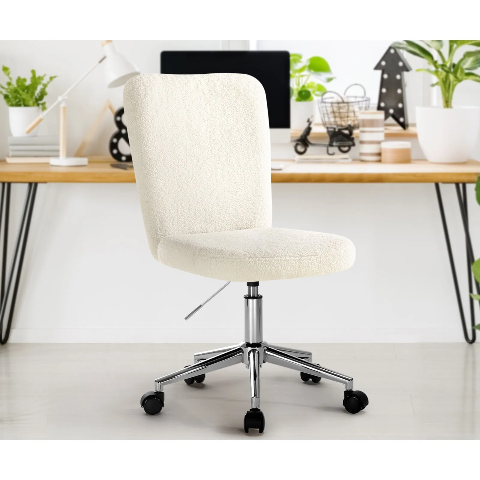 Oikiture High Back Armless Home Office Chair Boucle White&Silver