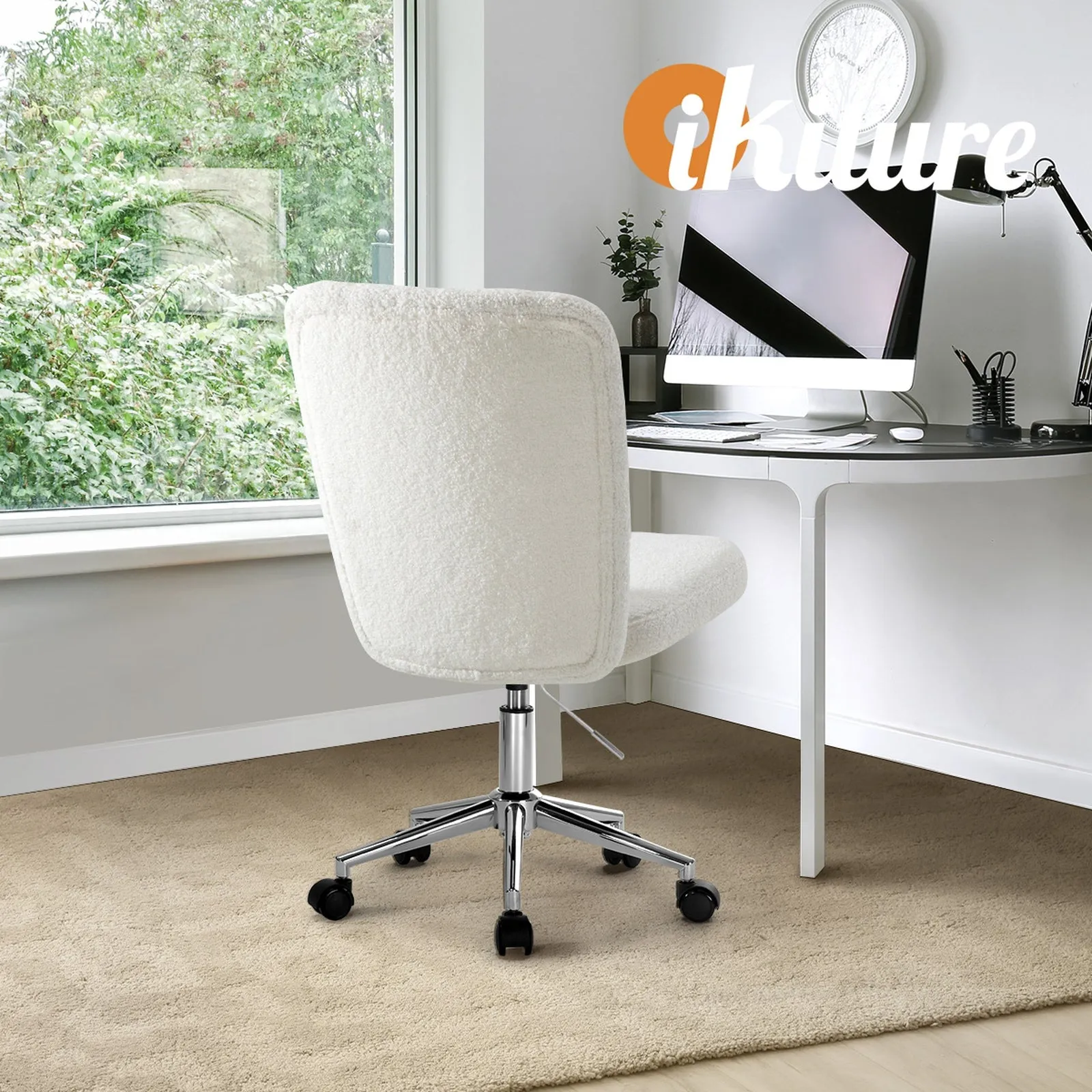 Oikiture High Back Armless Home Office Chair Boucle White&Silver