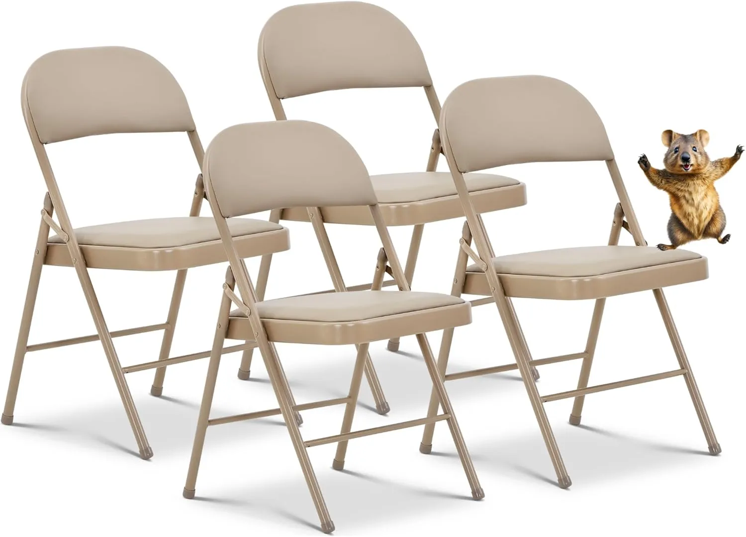 Oline Vinyl Folding Chairs, Padded Vinyl Cushion Chairs with Durable Metal Frame, Indoor Outdoor Stackable Foldable Guest Chairs for Office Wedding Kitchen Dining, 300lb Capacity (Khaki, 4 Pack)