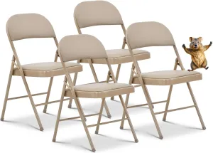 Oline Vinyl Folding Chairs, Padded Vinyl Cushion Chairs with Durable Metal Frame, Indoor Outdoor Stackable Foldable Guest Chairs for Office Wedding Kitchen Dining, 300lb Capacity (Khaki, 4 Pack)