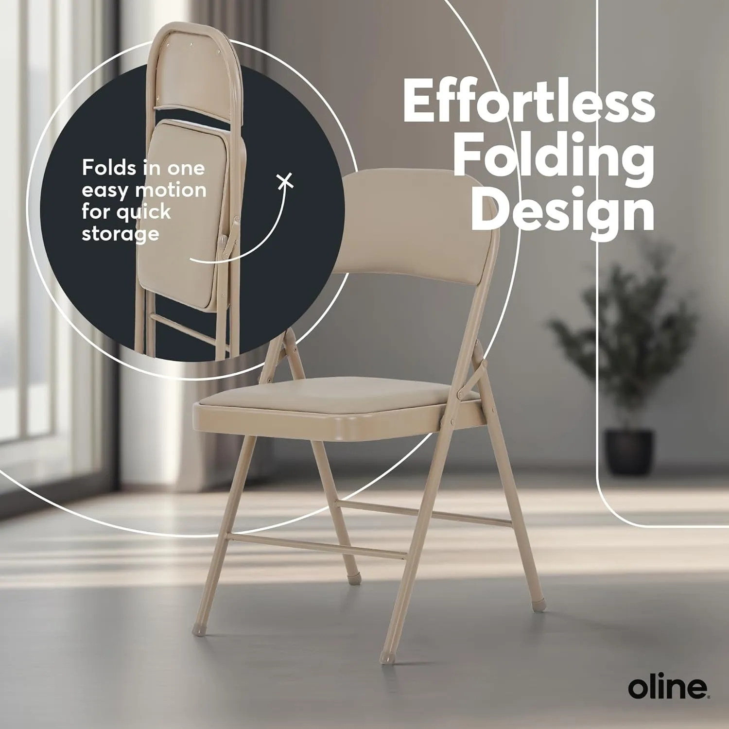 Oline Vinyl Folding Chairs, Padded Vinyl Cushion Chairs with Durable Metal Frame, Indoor Outdoor Stackable Foldable Guest Chairs for Office Wedding Kitchen Dining, 300lb Capacity (Khaki, 4 Pack)