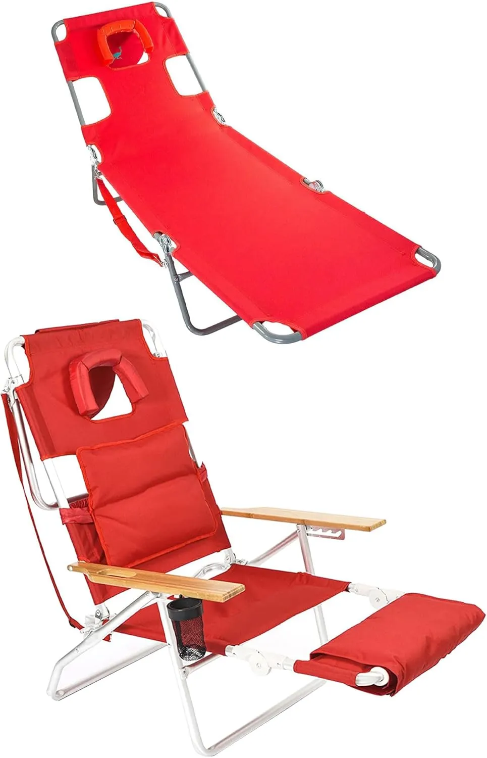 Ostrich Chaise Lounge Folding Steel Frame Beach Chair w/4 Positions & Portable Deluxe 3-in-1 Padded Sports Chair w/5 Positions and Footrest, Red