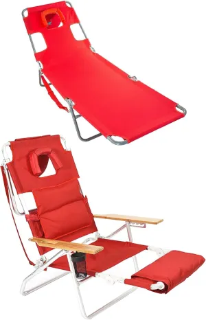 Ostrich Chaise Lounge Folding Steel Frame Beach Chair w/4 Positions & Portable Deluxe 3-in-1 Padded Sports Chair w/5 Positions and Footrest, Red