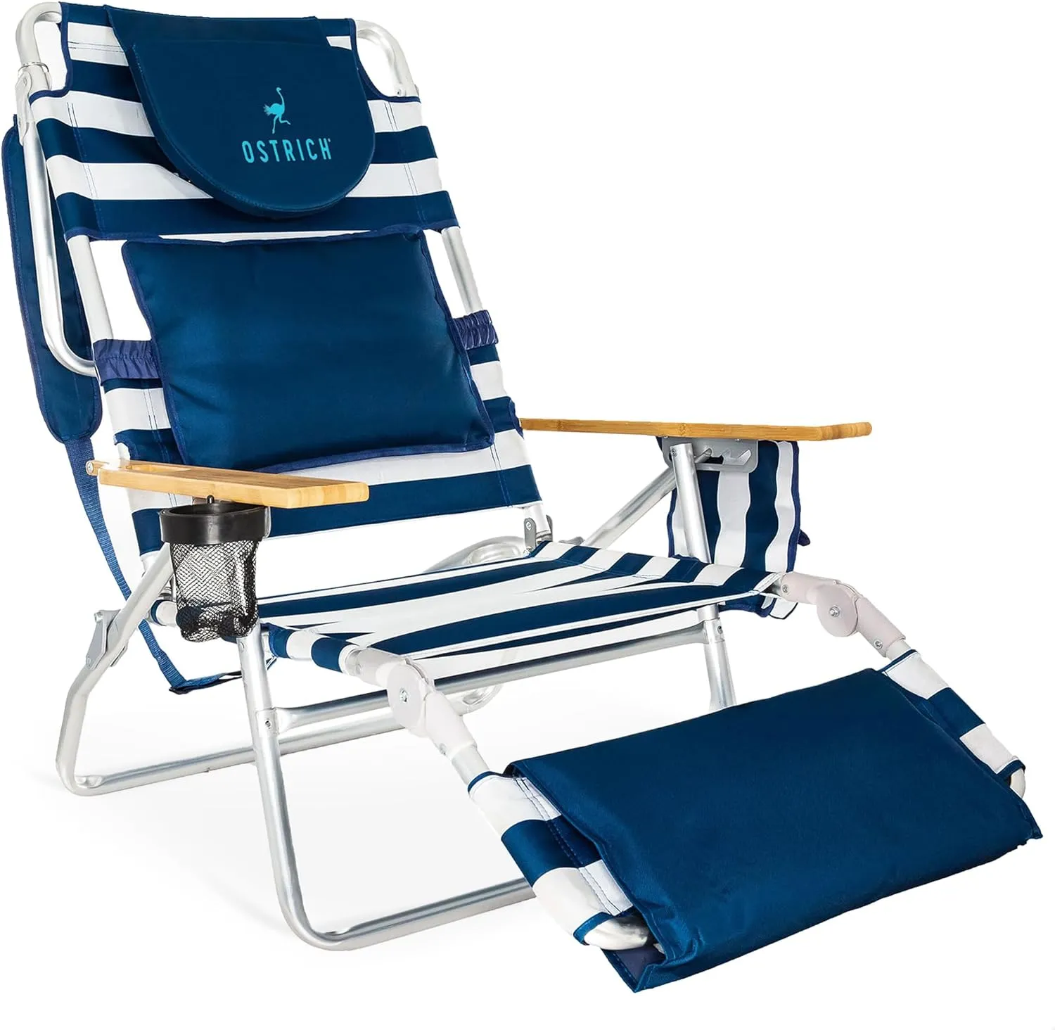 Ostrich Deluxe 3N1 Lightweight Lawn Beach Reclining Lounge Chair with Footrest, Outdoor Furniture for Patio, Balcony, Backyard, or Porch, Blue Stripe