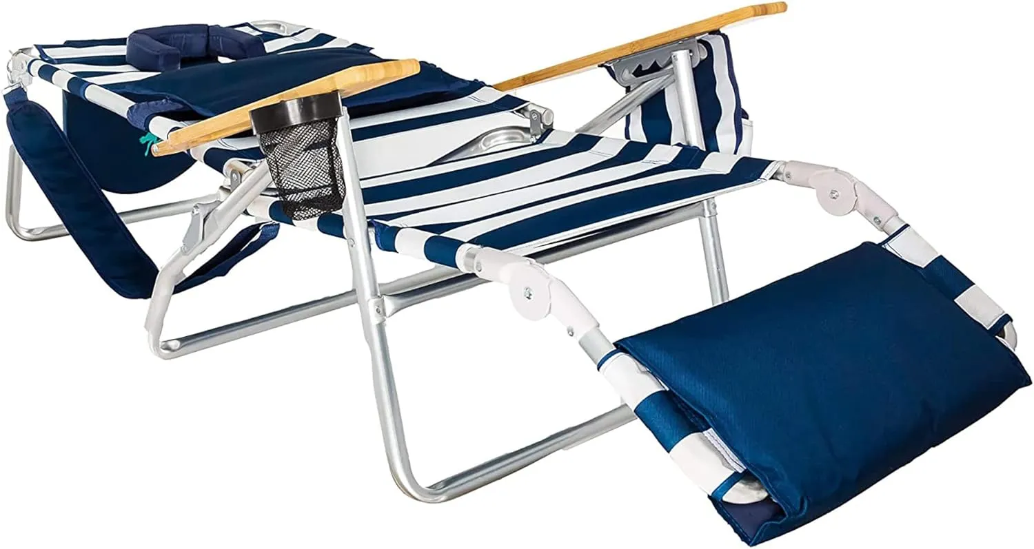 Ostrich Deluxe 3N1 Lightweight Lawn Beach Reclining Lounge Chair with Footrest, Outdoor Furniture for Patio, Balcony, Backyard, or Porch, Blue Stripe