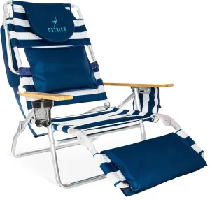 Ostrich Deluxe 3N1 Lightweight Lawn Beach Reclining Lounge Chair with Footrest, Outdoor Furniture for Patio, Balcony, Backyard, or Porch, Blue Stripe