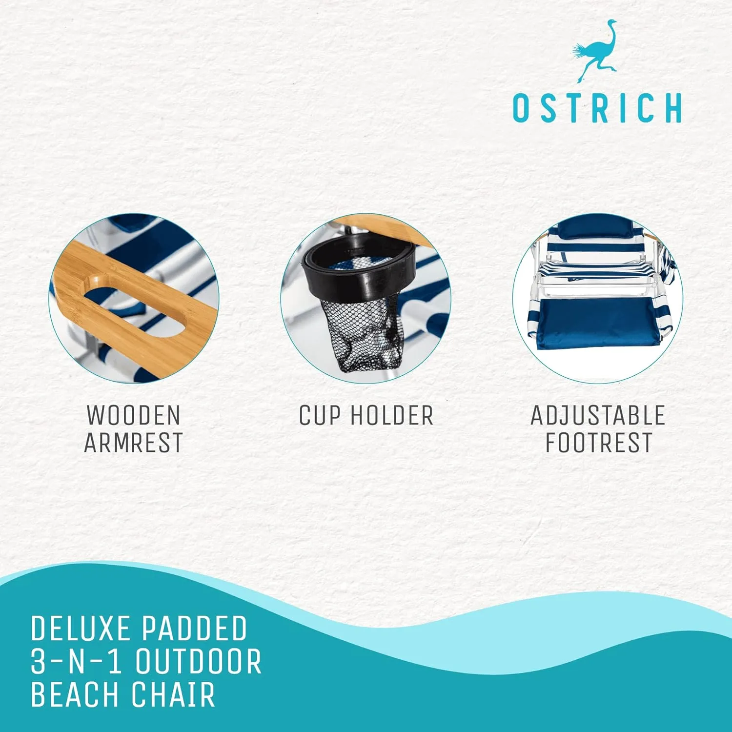 Ostrich Deluxe 3N1 Lightweight Lawn Beach Reclining Lounge Chair with Footrest, Outdoor Furniture for Patio, Balcony, Backyard, or Porch, Blue Stripe
