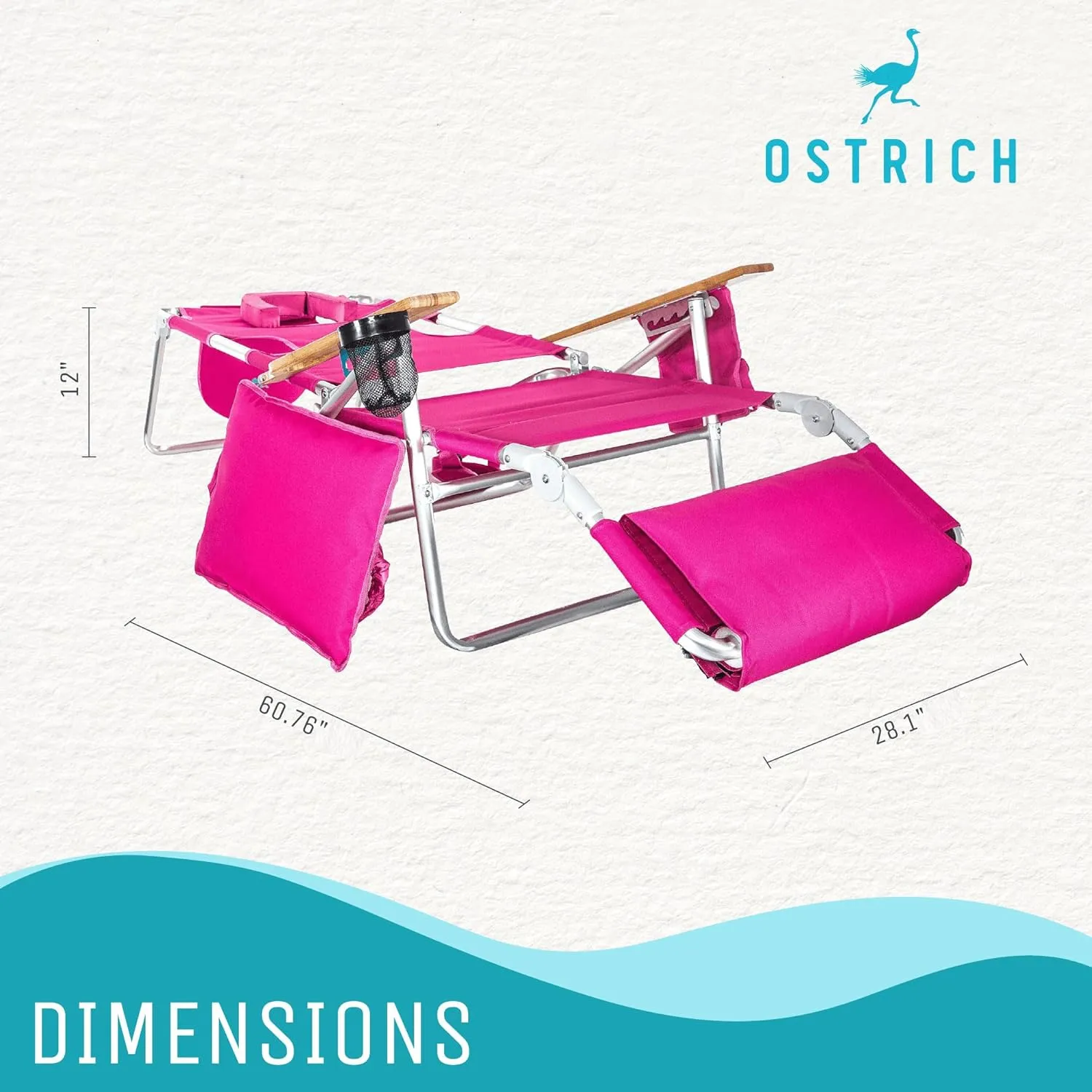 Ostrich Deluxe Reclining Lounge Chair, 3 in 1 Folding Outdoor Beach Lounger, Pink