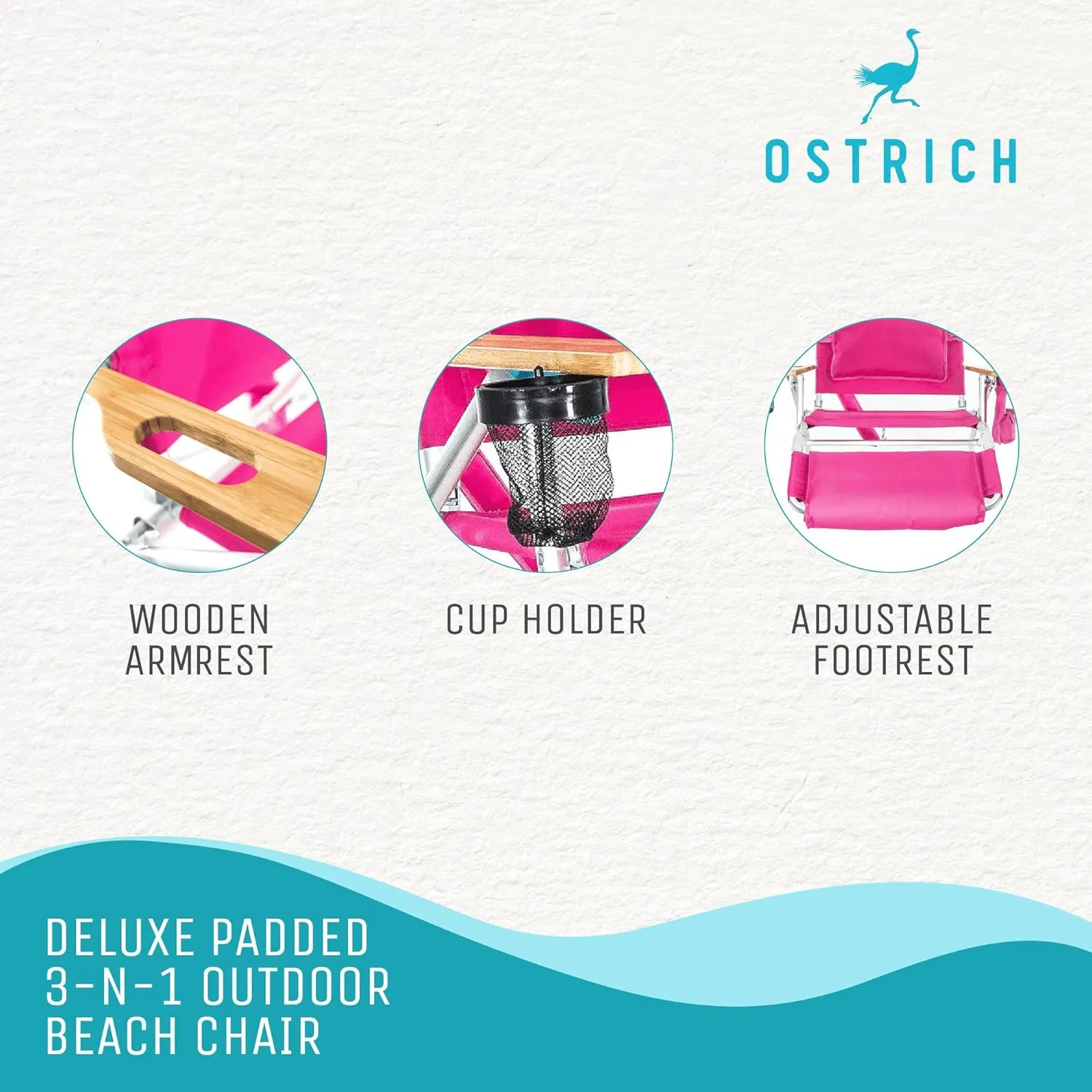Ostrich Deluxe Reclining Lounge Chair, 3 in 1 Folding Outdoor Beach Lounger, Pink