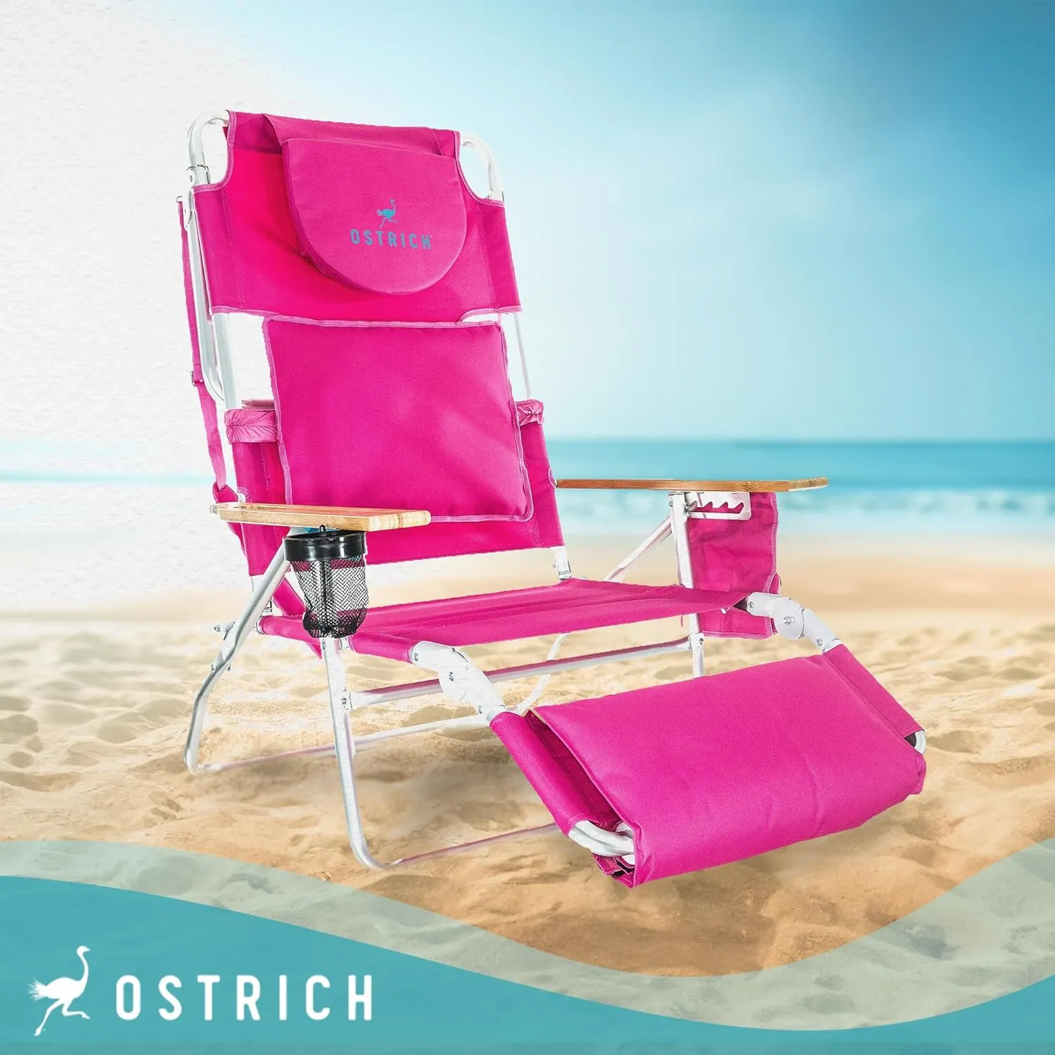Ostrich Deluxe Reclining Lounge Chair, 3 in 1 Folding Outdoor Beach Lounger, Pink