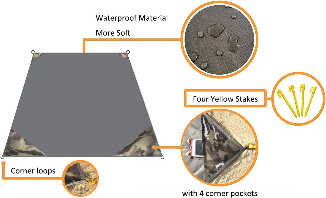 Outdoor Blanket (71" x 55") -Compact, Lightweight, Sand Proof Pocket Blanket Best Mat for The Beach, Hiking, Travel, Camping, Festivals with Pockets, Loops, Stakes, Carabiner