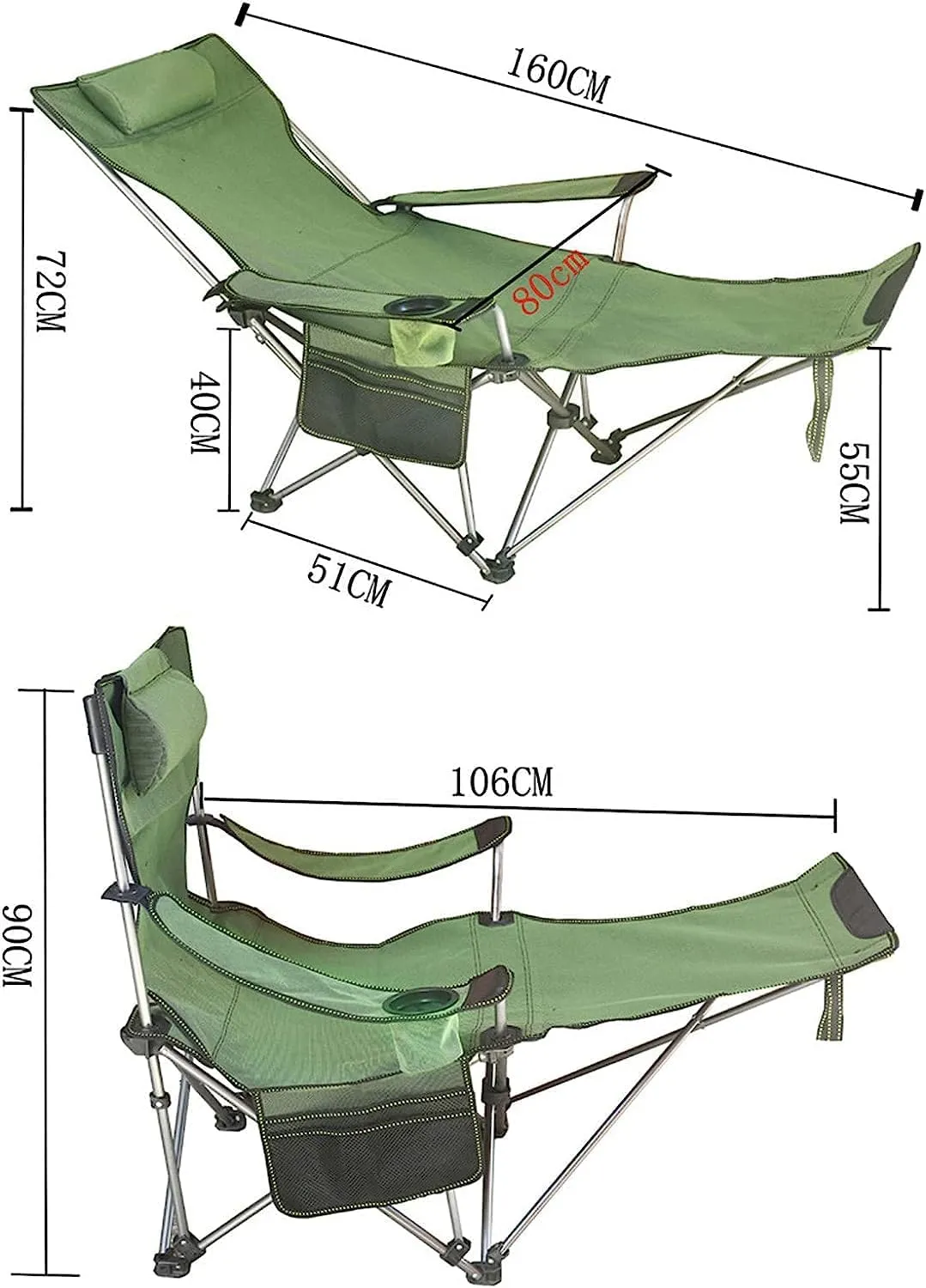 Outdoor Camp Chairs, Camping Lounge Chair Portable Reclining Camping Chair Folding Seat with Footrest with Headrest Storage Bag Lawn Chairs Adults(Green)