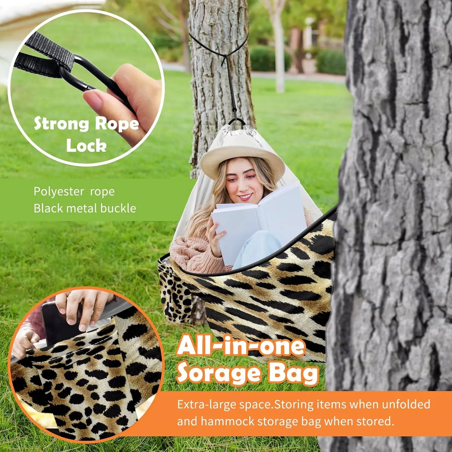 Outdoor Camping Hammock Leopard Print Camouflage Color Double Single Hammocks with 2 Tree Straps, Lightweight Portable Yet Heavy Duty Nylon Hammocks Travel, Beach, Backyard, Patio, Hiking