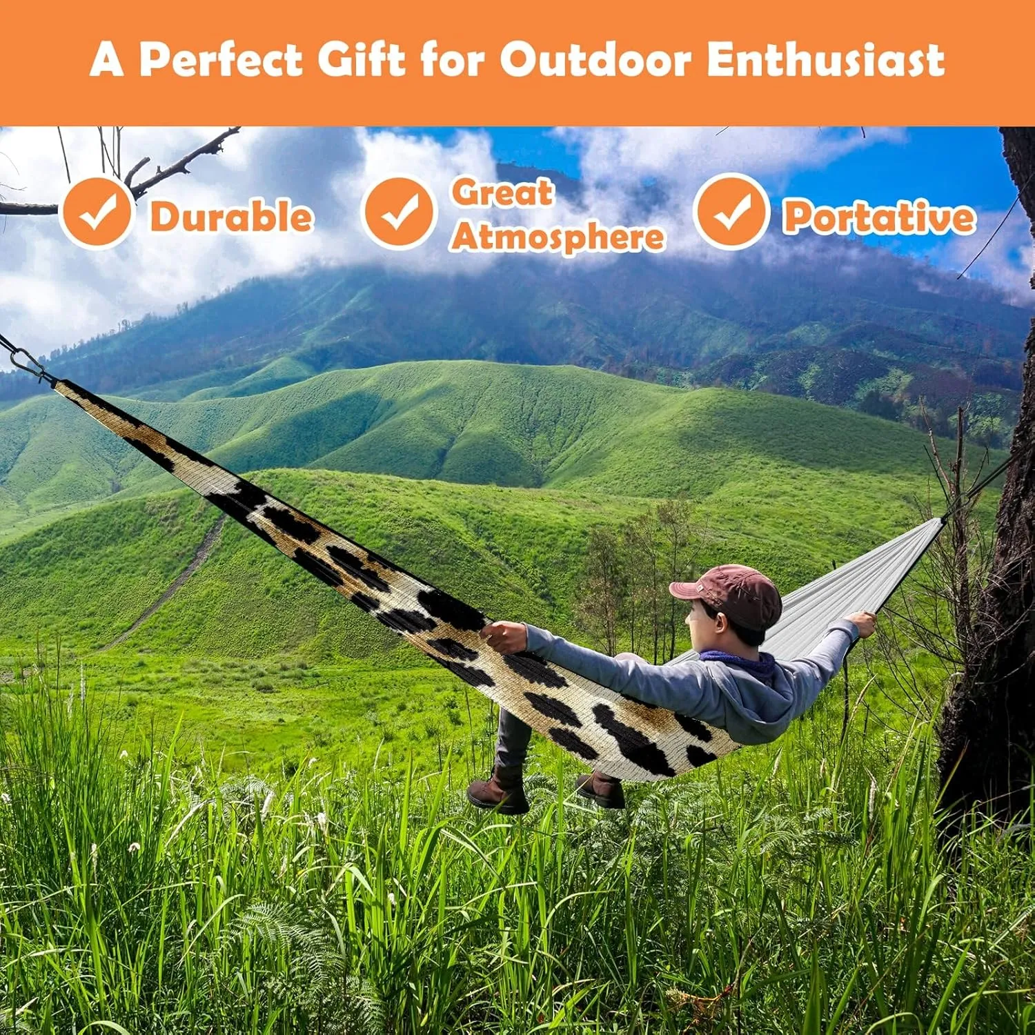 Outdoor Camping Hammock Leopard Print Camouflage Color Double Single Hammocks with 2 Tree Straps, Lightweight Portable Yet Heavy Duty Nylon Hammocks Travel, Beach, Backyard, Patio, Hiking