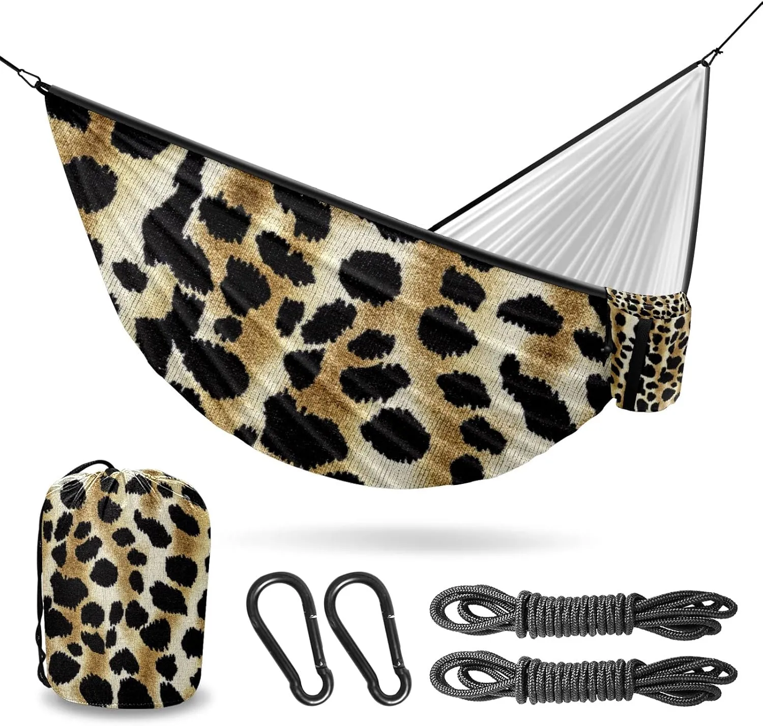 Outdoor Camping Hammock Leopard Print Camouflage Color Double Single Hammocks with 2 Tree Straps, Lightweight Portable Yet Heavy Duty Nylon Hammocks Travel, Beach, Backyard, Patio, Hiking