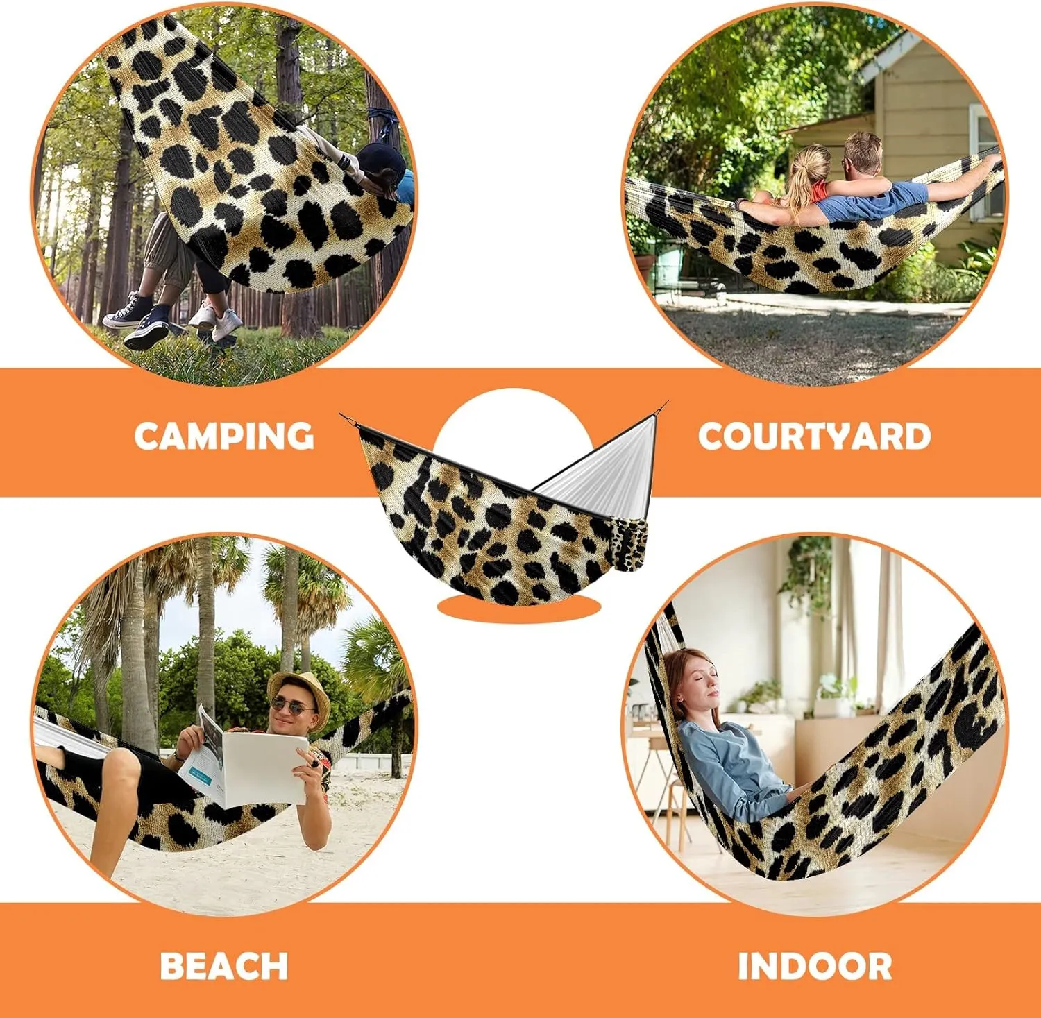 Outdoor Camping Hammock Leopard Print Camouflage Color Double Single Hammocks with 2 Tree Straps, Lightweight Portable Yet Heavy Duty Nylon Hammocks Travel, Beach, Backyard, Patio, Hiking