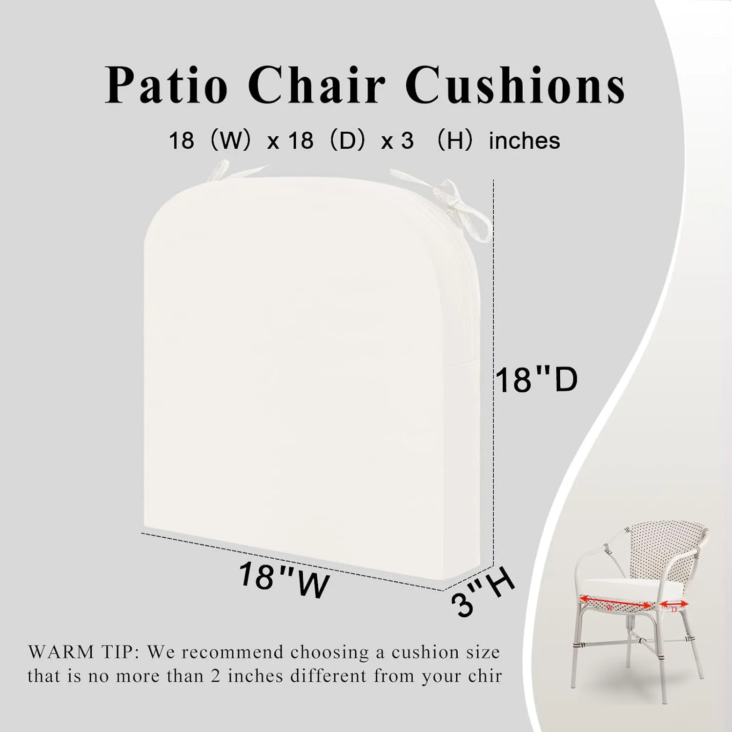 Outdoor Chair Cushions Set of 2, Waterproof Memory Foam Patio Seat Cushions with Ties for Garden Sofa & Dining Furniture, 3-Year Color Fastness, 18x18x3 Inch, Beige