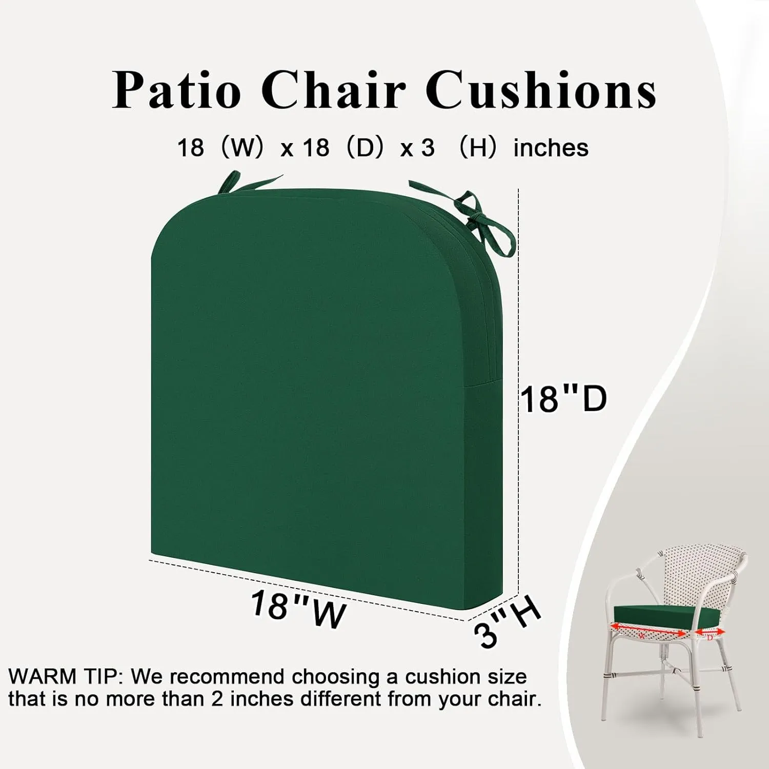 Outdoor Chair Cushions Set of 2, Waterproof Memory Foam Patio Seat Cushions with Ties for Garden Sofa & Dining Furniture, 3-Year Color Fastness, 18x18x3 Inch, Green