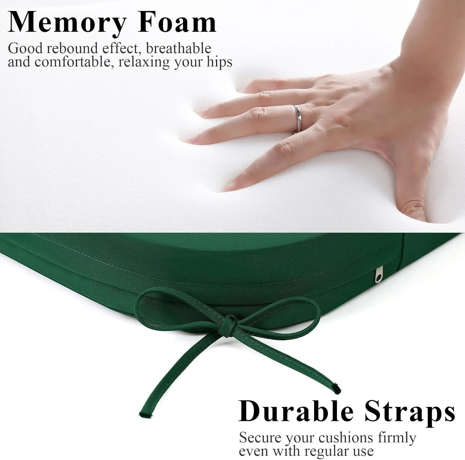 Outdoor Chair Cushions Set of 2, Waterproof Memory Foam Patio Seat Cushions with Ties for Garden Sofa & Dining Furniture, 3-Year Color Fastness, 18x18x3 Inch, Green