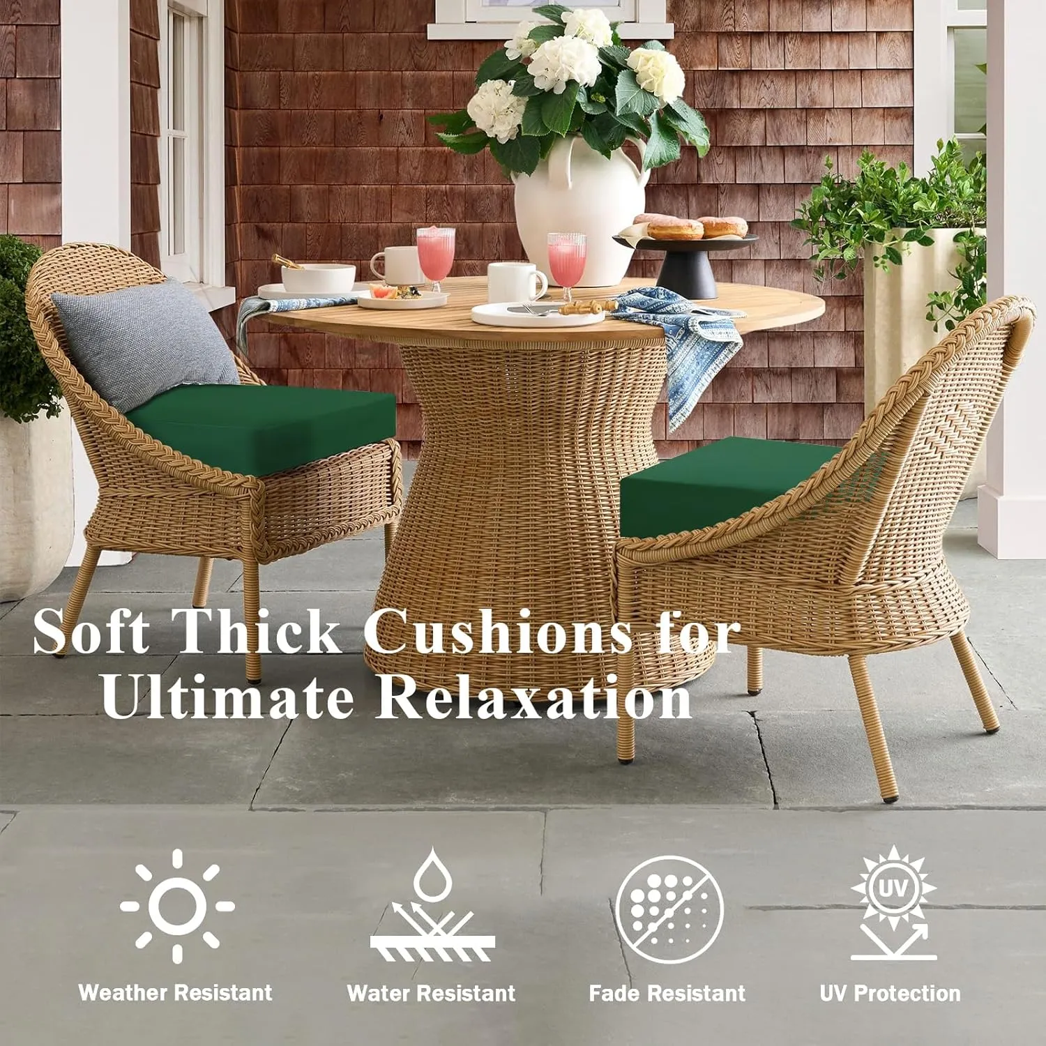 Outdoor Chair Cushions Set of 2, Waterproof Memory Foam Patio Seat Cushions with Ties for Garden Sofa & Dining Furniture, 3-Year Color Fastness, 18x18x3 Inch, Green