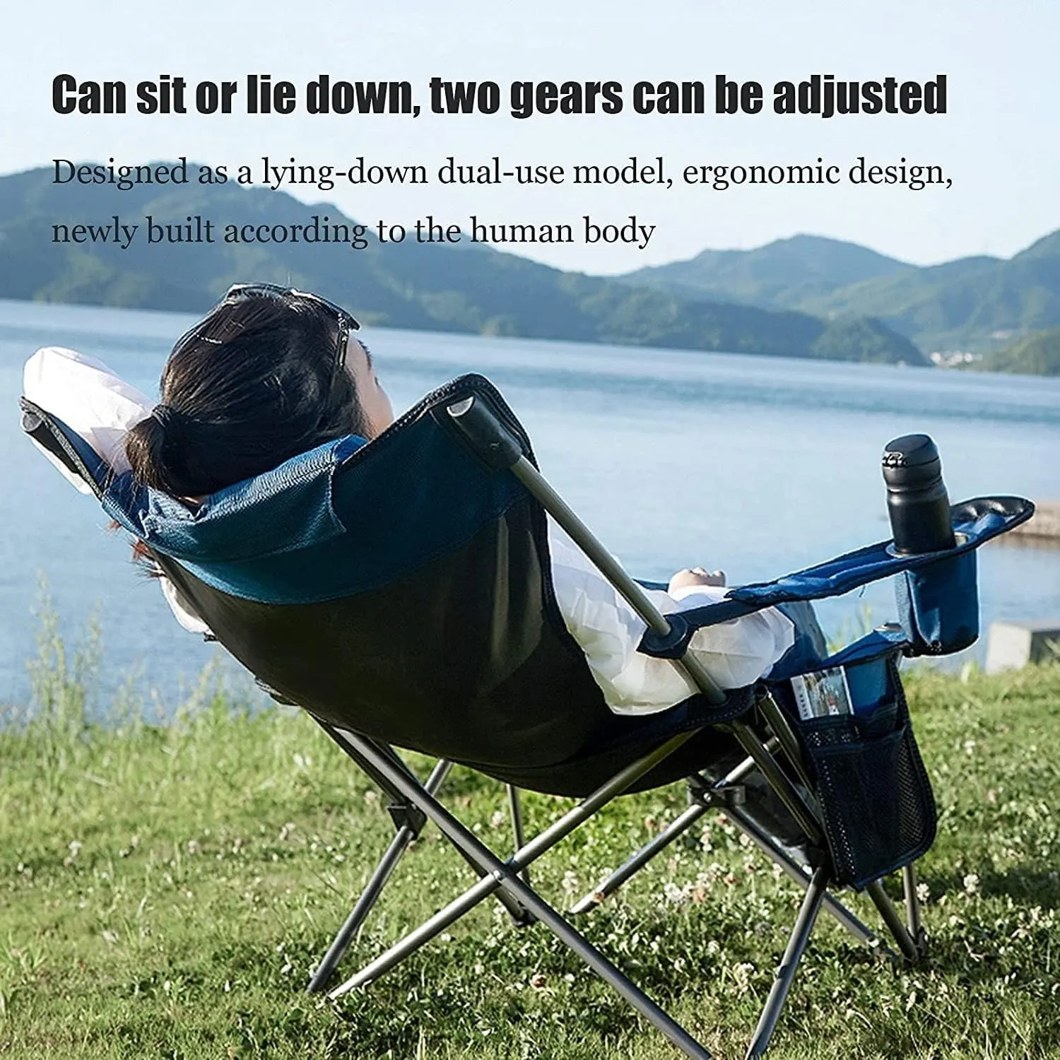 Outdoor Chair Folding Camping Chair Outdoor Folding Chair Portable Lawn Folding Seat Armchair With Cup Holder Pillow And Carry Bag Leisure Recliner Stool Camping Chair Foldable Chair ( Color : Blue )