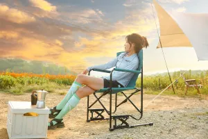 Outdoor Freestyle Rocker Camping Chair Portable Folding Rocking Chair with Solid, Armrests, Drink Holder Comfortable Backrest Blue