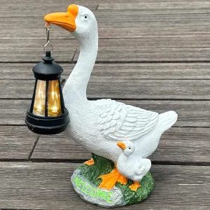 Outdoor Garden Goose Statue with Lantern - 12-Inch Resin Statue for Mother's Day, Father's Day, Christmas, Thanksgiving, Housewaming Gifts - Decorations for Yard, Patio, or Lawn