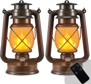 Outdoor Lantern Hanging Vintage Led Waterproof Camping Lamps with Dancing Flame Non-Solar Remote Control Light Landscape Decor for Table Patio Garden Yard Pathway Porch 2Pack (3AA Batteries Power)