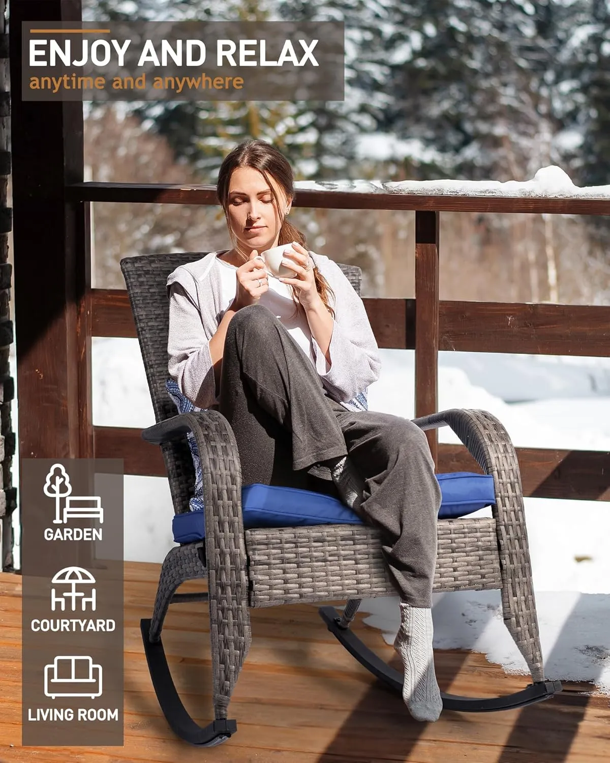 Outdoor Rocking Chair- Rattan Patio Rocker Chairs with Cushions and Steel Frame- All Weather Outdoor Rocker Chair with 2 Replaceable Cushion Covers (Blue & White), 320lbs,Grey Rattan