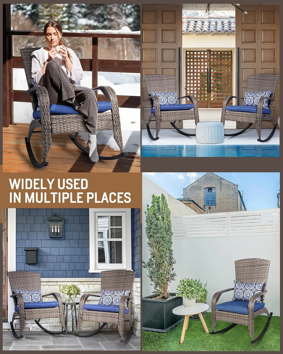 Outdoor Rocking Chair- Rattan Patio Rocker Chairs with Cushions and Steel Frame- All Weather Outdoor Rocker Chair with 2 Replaceable Cushion Covers (Blue & White), 320lbs,Grey Rattan