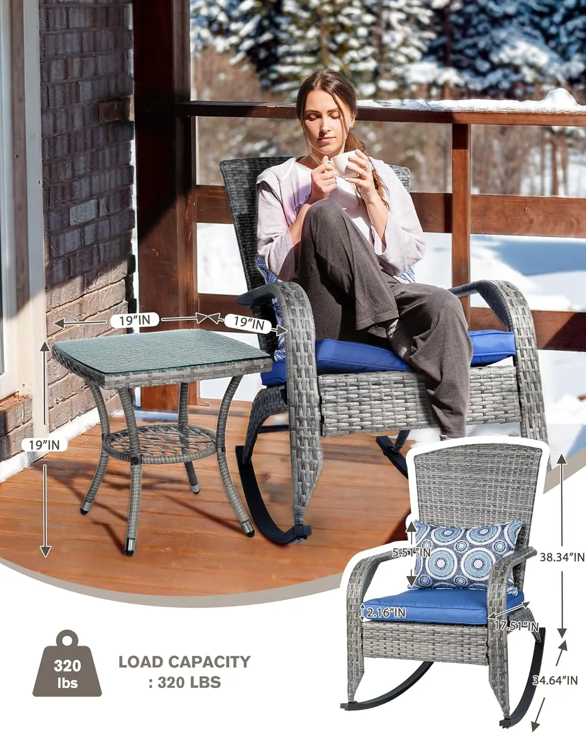 Outdoor Rocking Chair- Rattan Patio Rocker Chairs with Cushions and Steel Frame- All Weather Outdoor Rocker Chair with 2 Replaceable Cushion Covers (Blue & White), 320lbs,Grey Rattan