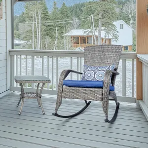 Outdoor Rocking Chair- Rattan Patio Rocker Chairs with Cushions and Steel Frame- All Weather Outdoor Rocker Chair with 2 Replaceable Cushion Covers (Blue & White), 320lbs,Grey Rattan
