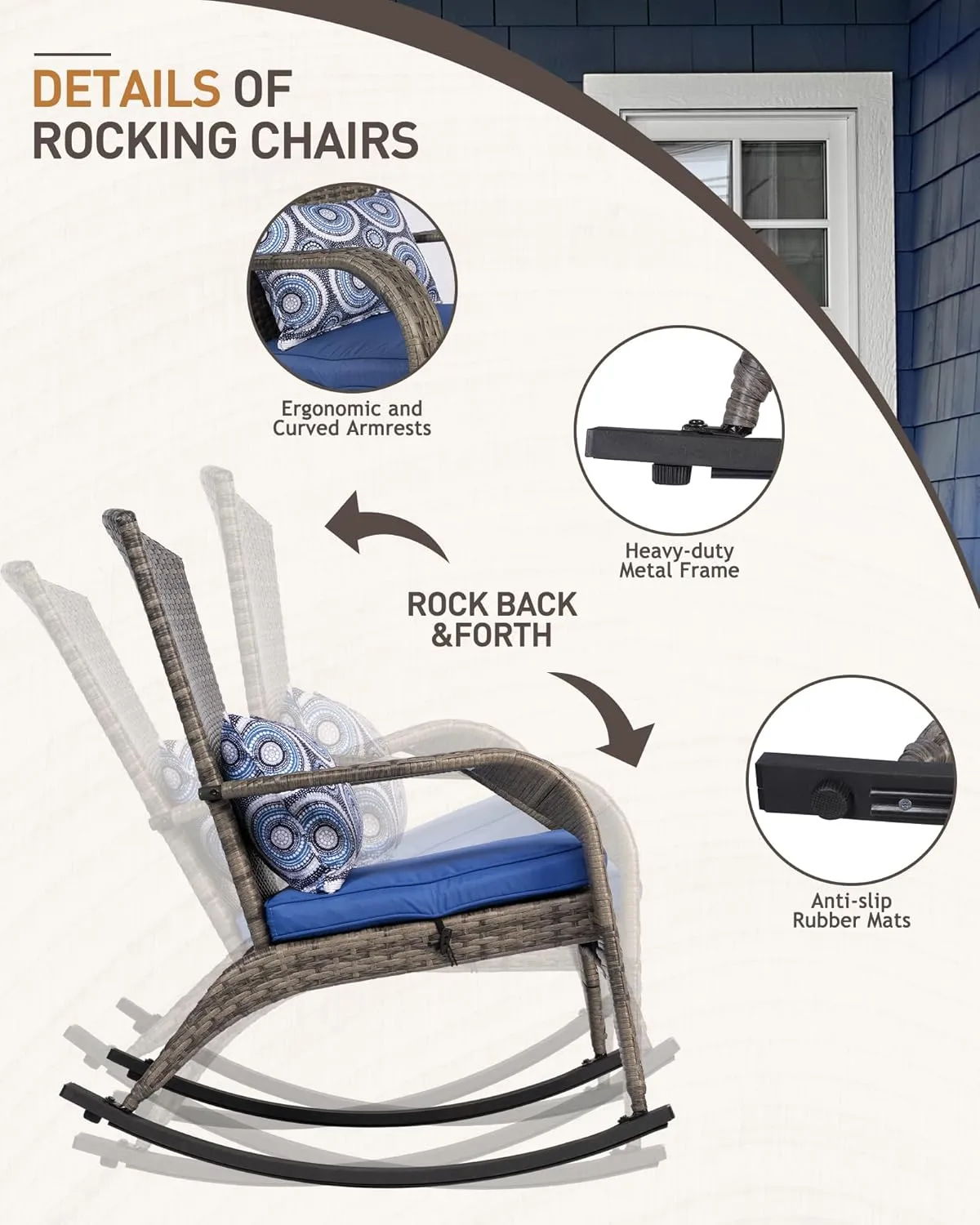 Outdoor Rocking Chair- Rattan Patio Rocker Chairs with Cushions and Steel Frame- All Weather Outdoor Rocker Chair with 2 Replaceable Cushion Covers (Blue & White), 320lbs,Grey Rattan