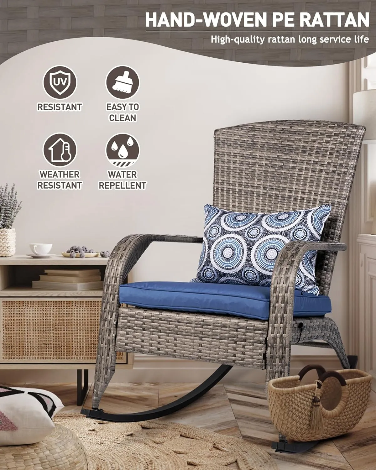 Outdoor Rocking Chair- Rattan Patio Rocker Chairs with Cushions and Steel Frame- All Weather Outdoor Rocker Chair with 2 Replaceable Cushion Covers (Blue & White), 320lbs,Grey Rattan