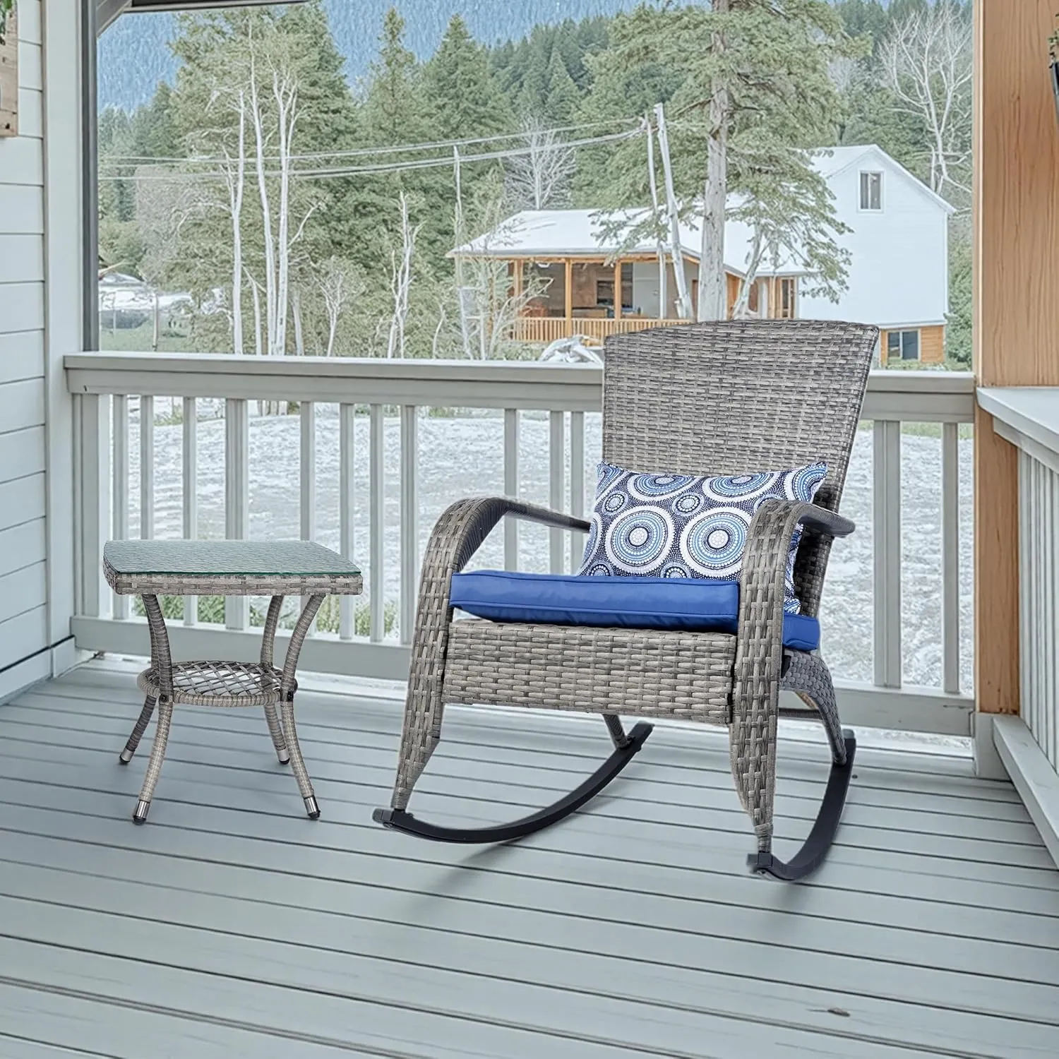 Outdoor Rocking Chair- Rattan Patio Rocker Chairs with Cushions and Steel Frame- All Weather Outdoor Rocker Chair with 2 Replaceable Cushion Covers (Blue & White), 320lbs,Grey Rattan