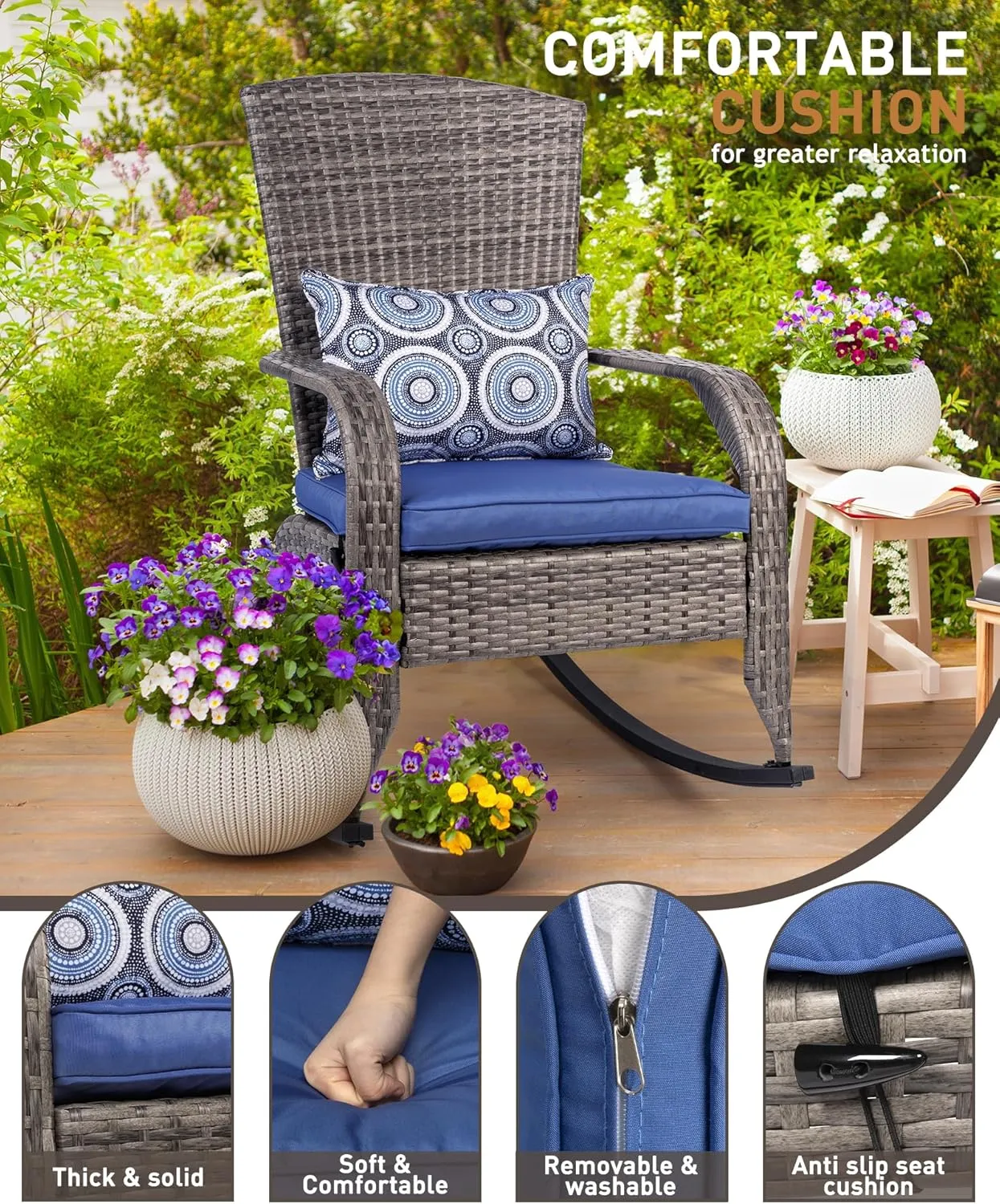 Outdoor Rocking Chair- Rattan Patio Rocker Chairs with Cushions and Steel Frame- All Weather Outdoor Rocker Chair with 2 Replaceable Cushion Covers (Blue & White), 320lbs,Grey Rattan