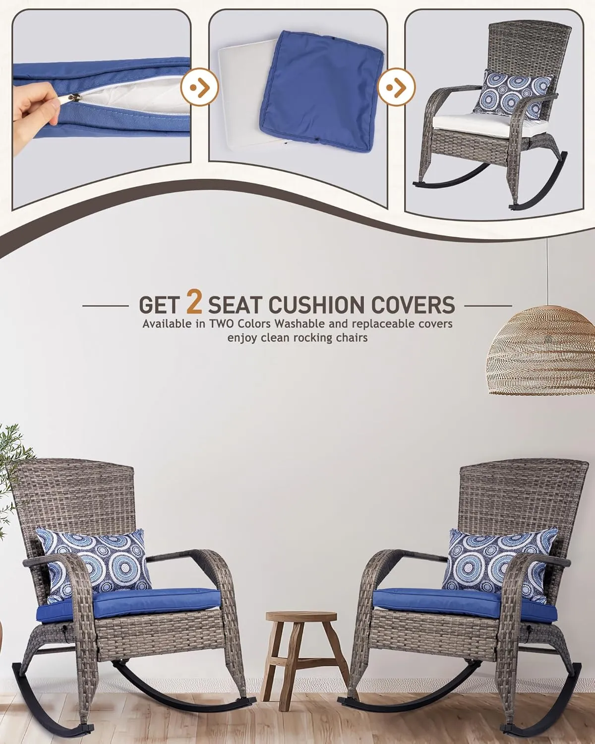 Outdoor Rocking Chair- Rattan Patio Rocker Chairs with Cushions and Steel Frame- All Weather Outdoor Rocker Chair with 2 Replaceable Cushion Covers (Blue & White), 320lbs,Grey Rattan