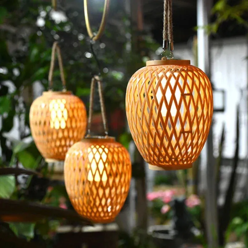 Outdoor Solar Lantern Night Light – Waterproof Hanging Imitation Bamboo Weaving Table Lamp for Garden, Patio, and Party Decoration