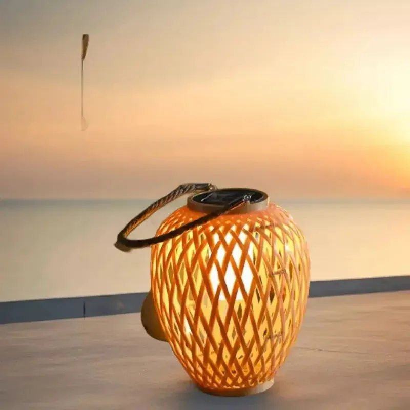 Outdoor Solar Lantern Night Light – Waterproof Hanging Imitation Bamboo Weaving Table Lamp for Garden, Patio, and Party Decoration